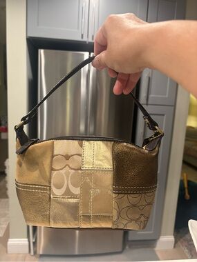 Coach Y2K Metallic Gold Patchwork Shoulder Bag with Dark Brown Handle